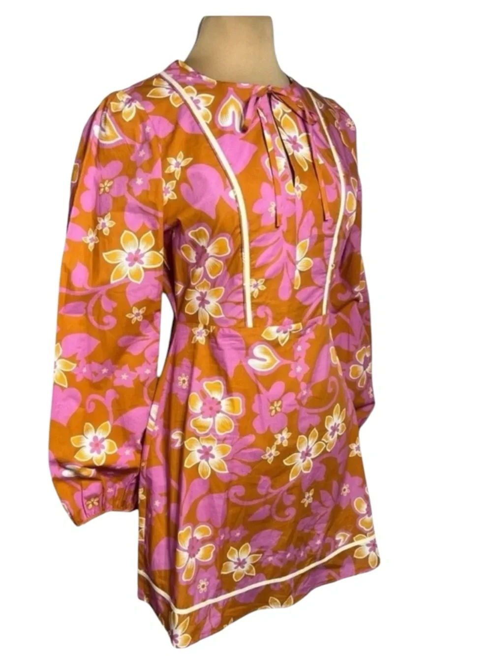 WARM Chelsea Floral Mini Dress Clay Pink Retro 60s Mod Puff Sleeve Medium M - Picture 3 of 8